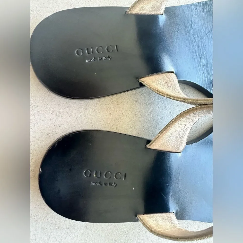 Gucci GG Marmont Sandals Metallic Gold Leather Thong Flats Flip Flops Size 37